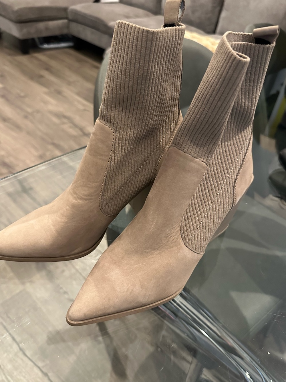 Aldo Taupe Knit-Panel Pointed Toe Ankle Boots